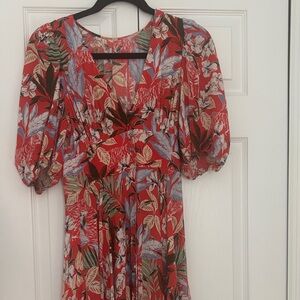 Maje Red and Green Floral Midi Dress